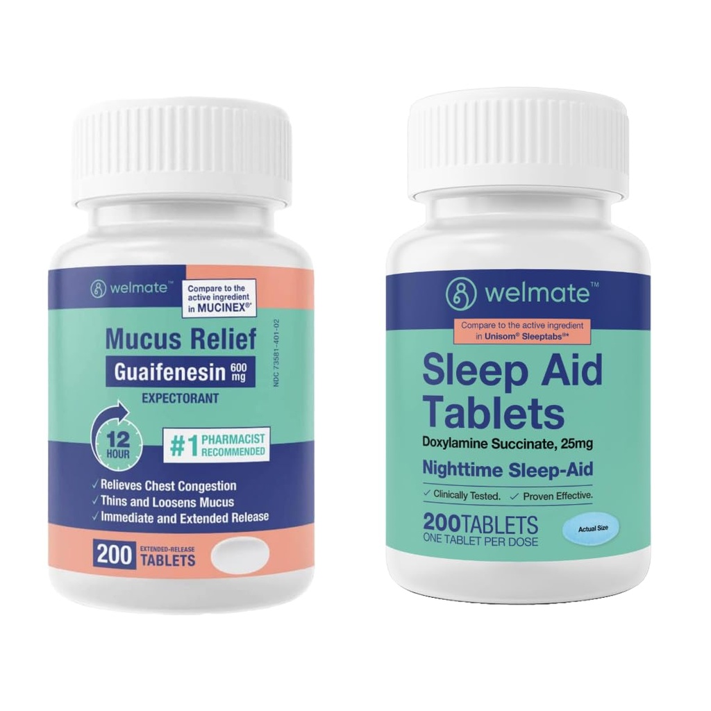 WELMATE Nighttime Wellness Bundle: Mucus Relief Guaifenesin 600 mg Mucus Relief (200 Ct) & Doxylamin Succinate 25mg Sleep Aid (200 Ct)