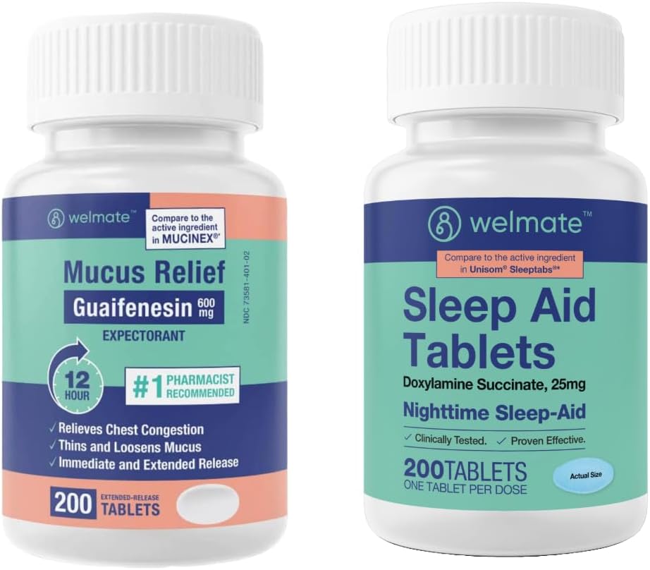 WELMATE Nighttime Wellness Bundle: Mucus Relief Guaifenesin 600mg Mucus Relief (200 Ct) & Doxylamine Succinate 25mg Sleep Aid (200 Ct) | Extended Relief for Restful Sleep