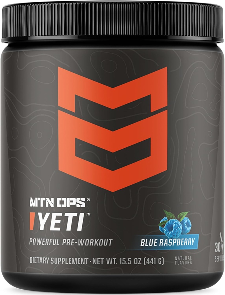 MTN OPS Yeti Pre-Workout Powder Energy Drink with Creatine, 200mg Caffeine & BCAAs with Beta Alanine, 30-Serving Tub, Blue Raspberry