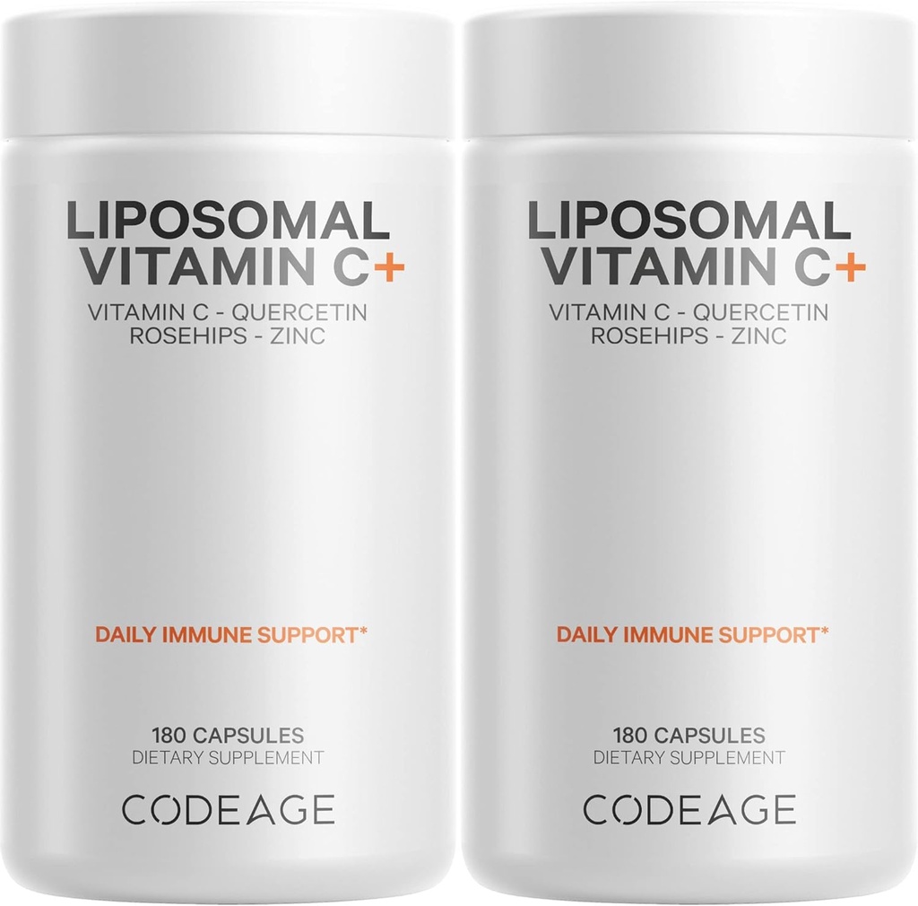 Kodeage Liposomal C-vitamin 1500mg med zink, hyldebær, Citrus Bioflavonoider Grapefrugt, Lemon, Orange Powder, Quercetin & Rose HIPS Frugt - Vegan Supplement - Non- GMO, Vegan piller - 2 Pack