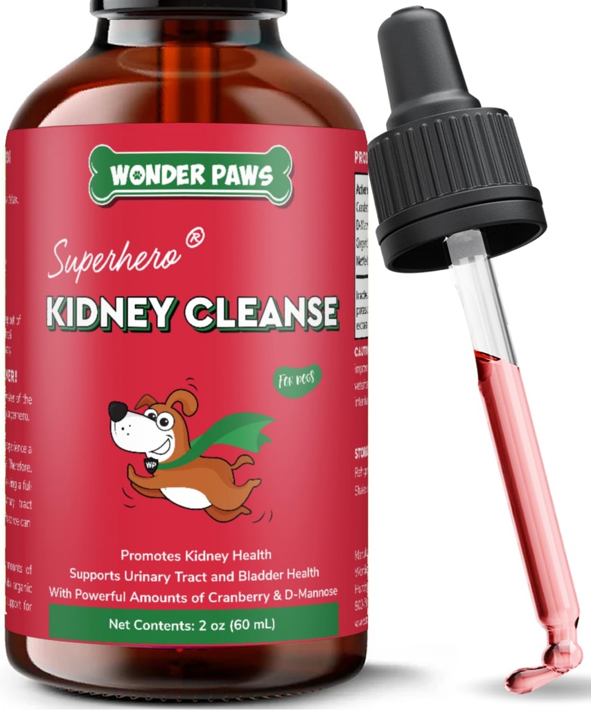 Wonder Paws Premium Nyre støtte til hunde - Cranberry supplement til hunde - Hund UTI behandling - Understøtter Bstige, Detox, Urinary & Nyre sundhed - Flydende Nyre supplement til hunde 2 oz (60ml)