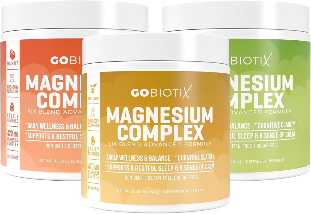 GoBiotix Magnesium Complex Powder Trio - 420mg, 60 Servering - Honey Citrus, Lemon Lime, Peach Tea