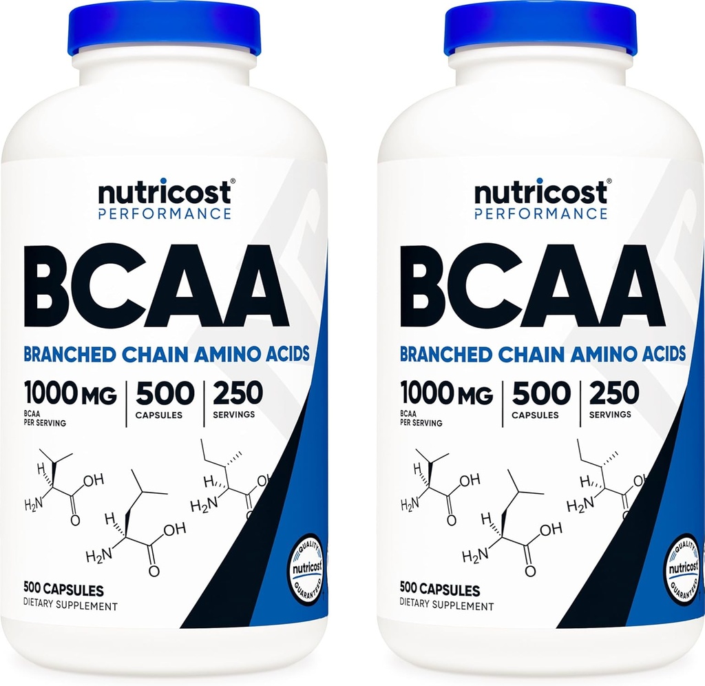 Nutricost BCAA 1000mg, 500 kapsler (250 Serv), 2: 1: 1 Forgrenet kæde Aminosyrer (500mg L-Leucin, 250 mg L-Isoleucin og L-Valine) (2 flasker)