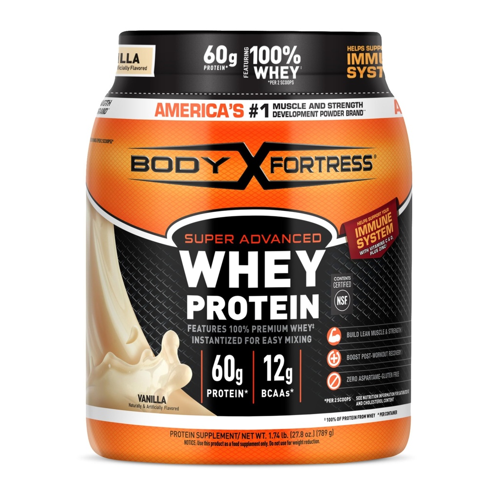 Body Fortress Super Advanced Whey Protein Powder, Vanilla, immunforsvar (1), Vitamin C & D Plus Zink, 1,74 lbs