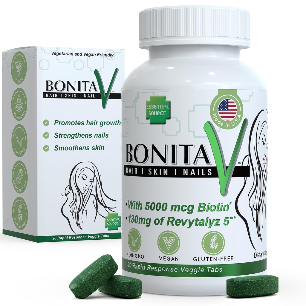Essential Source Biotin (Biotina Vitamin) - Hår hud negle Vitaminer for kvinder & mænd - 5000 mcg - Hårvækst Support - 30 tabletter - med Revytalyz 5, vitamin A, C, B12 - Made in USA