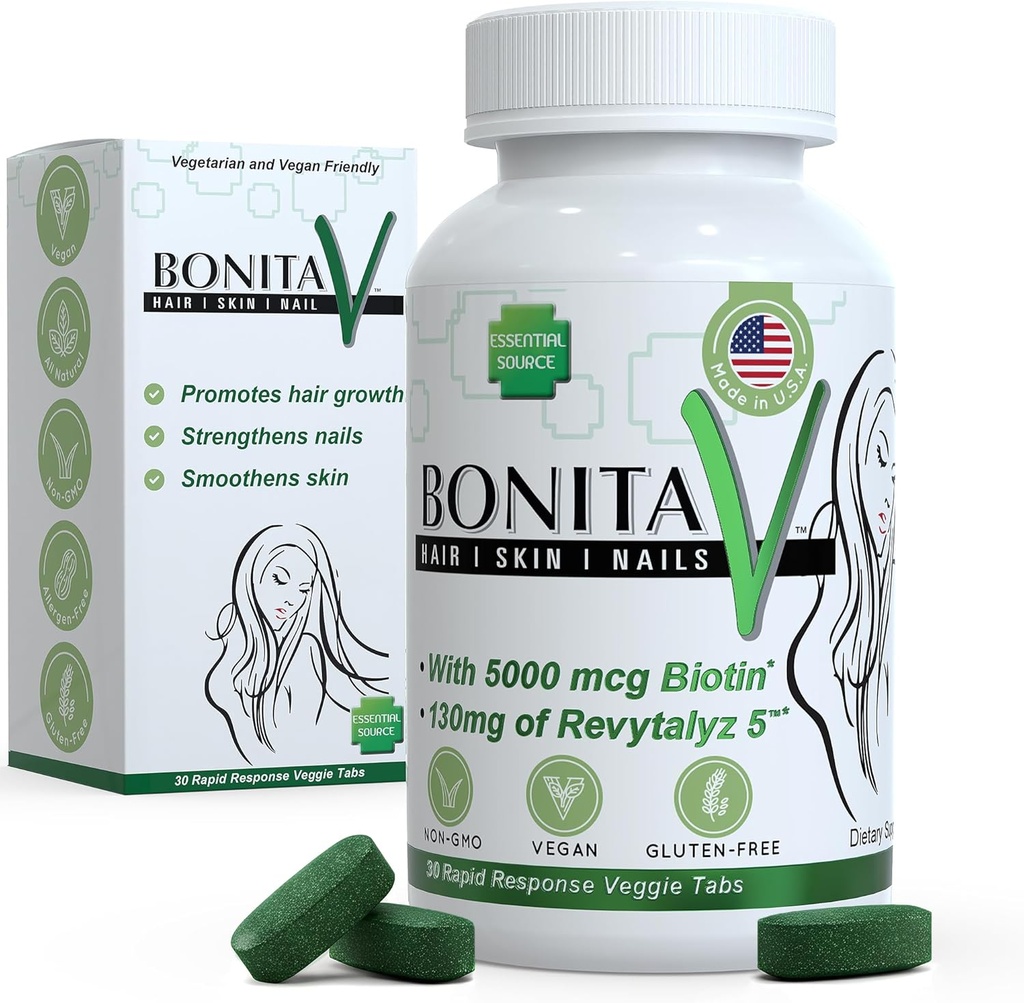 Essential Source Biotin (Biotina Vitaminas) - Hair Skin Nails Vitamins for Women & Men - 5000 mcg - Hair Growth Support Supplements - 30 Tablets - with Revytalyz 5, Vitamin A, C, B12 - Made in USA