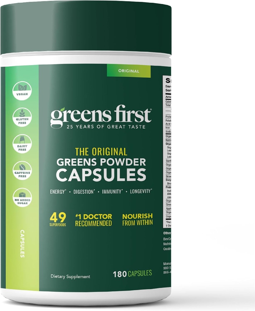 Green First PRO Phytonutrient Capsules - 30 Servering - 54 Antioxidant Superfoods, Organic Fruits & Grøntsager - Prebiotika, Probiotika & fordøjelsesenzymer - Dairy & Wheat- Free, Non- GMO - 180 Kapsler