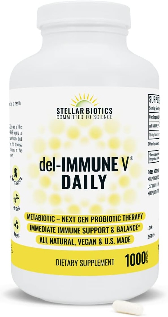 Del- immunV ® Dagligt af Stellar Biotics, All- Natural Immunsupport & Gut Health, Øjeblikkelig Care, Metabiotic: NextGen Probiotic Therapy (1000 Caps)
