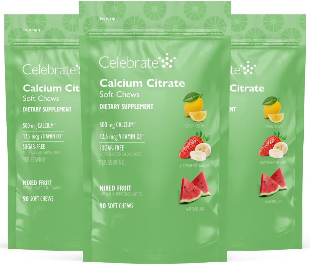 Celebrate Vitamin Bariatric 500 mg Calcium Citrate Soft Chews med 500 IE D3 Vitamin - Essential for Gastric Bypass Patienter & Knoglehelbred - Sugar & Gluten Free, Frugt (270 Chews)