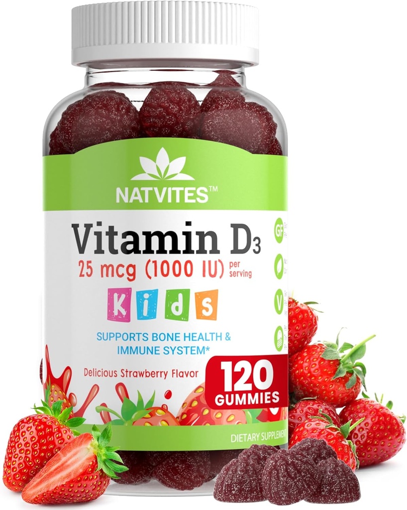 D3- vitamin Gummies til børn - D-vitamin 1000 IE Pectin Gummy - Strawberry Flavored - Bone Health and immun Support - Non-GMO, Gluten Free, Vegan, Nut & Dairy Free - 120 Greve (Pakning med 1)