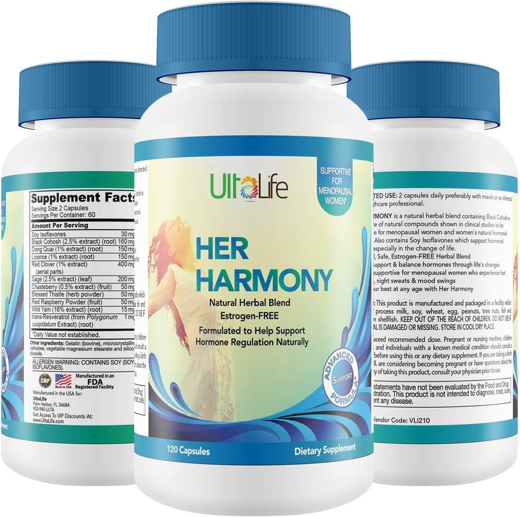 UltaLife Hendes Harmoni Menopause Kosttilskud til kvinder - Hot Flash Menopause Relief & Hormone Balance til kvinder - Indeholder sort kohosh, Dong Quai, rød kløver & mere - Østrogen fri - 120 kapsler
