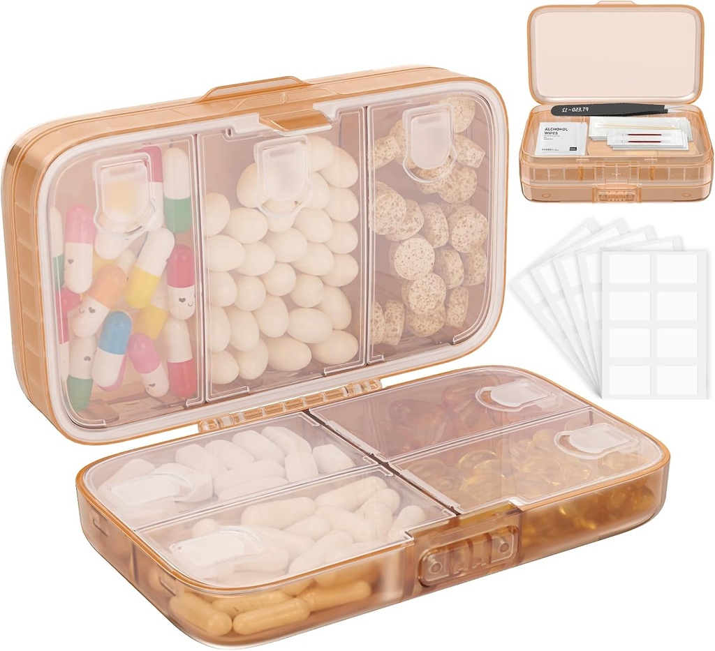FEST Weekly Pill Organizer med etiketter, 8 Compartments Travel Daily Pill Case lufttæt Fugtfast Stor Pill Box til at holde vitaminer, fiskeolie, kosttilskud, bomuld swab og Bandages- Brown