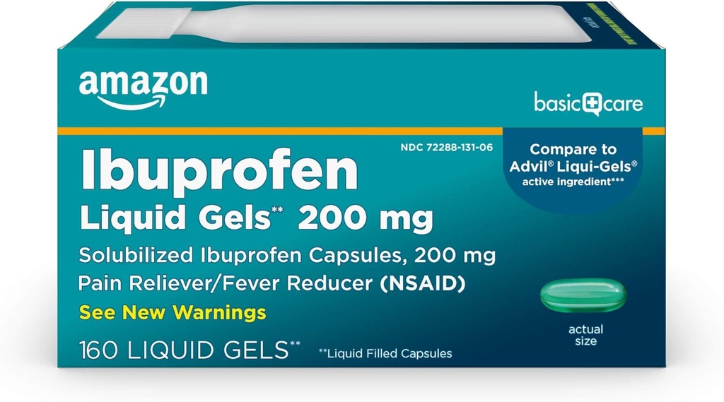 Basic Care Ibuprofen Liquid Gels 200 mg, Pain Reliever / Fever Reducer flydende fyldte kapsler, For hovedpine, Tandpine, Backache, menstruation kramper og mere, 160 Greve