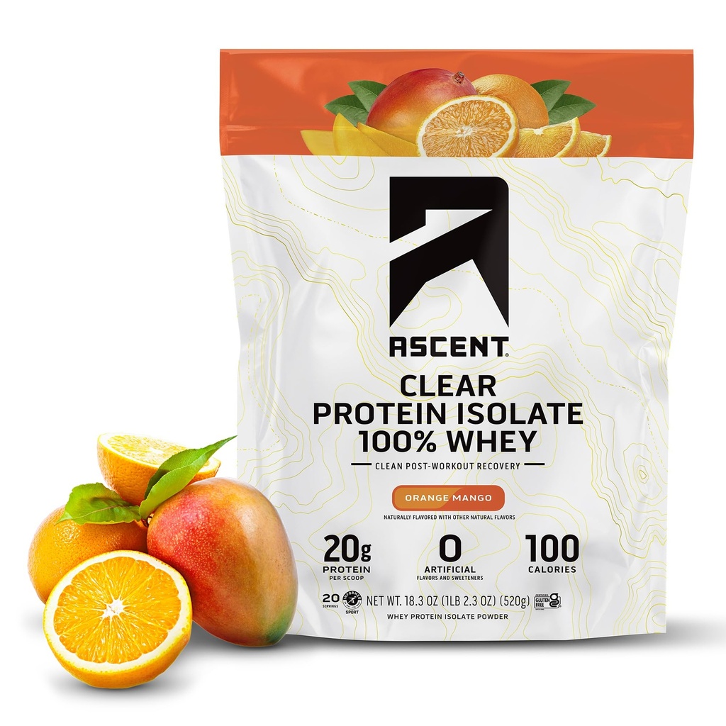 Aduft 100% Clear Whey Protein Powder - Post Workout, Zero Kunstig Artificial Artificial Artists & Sweeteners, Gluten Free, 5.5g BCAA, 2.1g Leucin, Essential Aminosyrer, Orange Mango, 20 Servere
