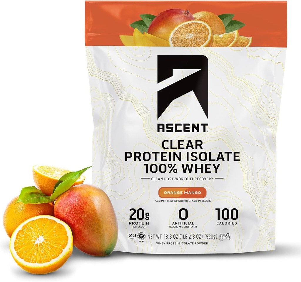 Ascent 100% Clear Whey Protein Powder - Post Workout, Zero Artificial Flavors & Sweeteners, Gluten Free, 5.5g BCAA, 2.1g Leucine, Essential Amino Acids, Orange Mango, 20 Servings