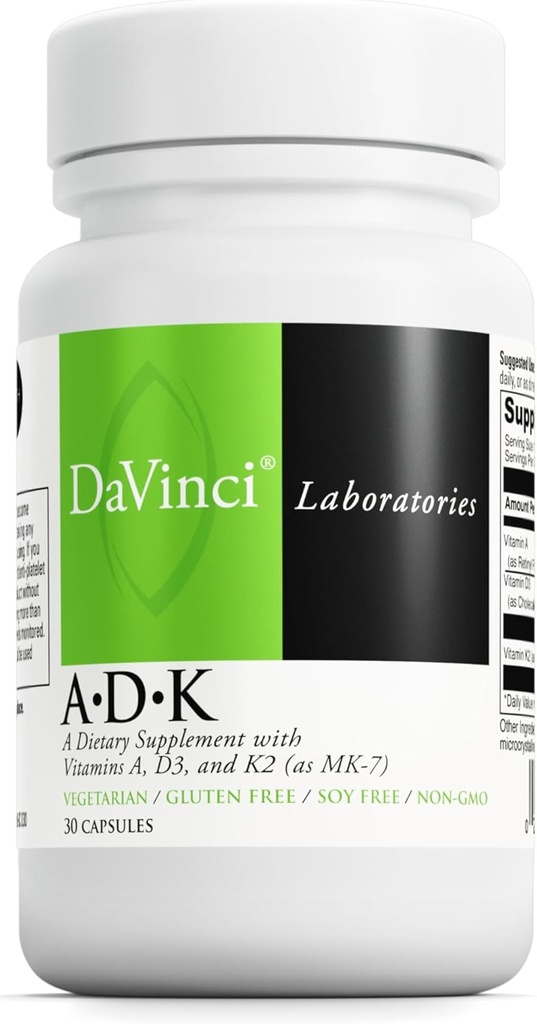 DAVINCI Labs ADK - Hjælper support ben, hjerte og immunforsvar - Kosttilskud med vitaminer A, D3 & K2 (som MK- 7) - Vegetar, Gluten Free & Soy Free - 30 kapsler