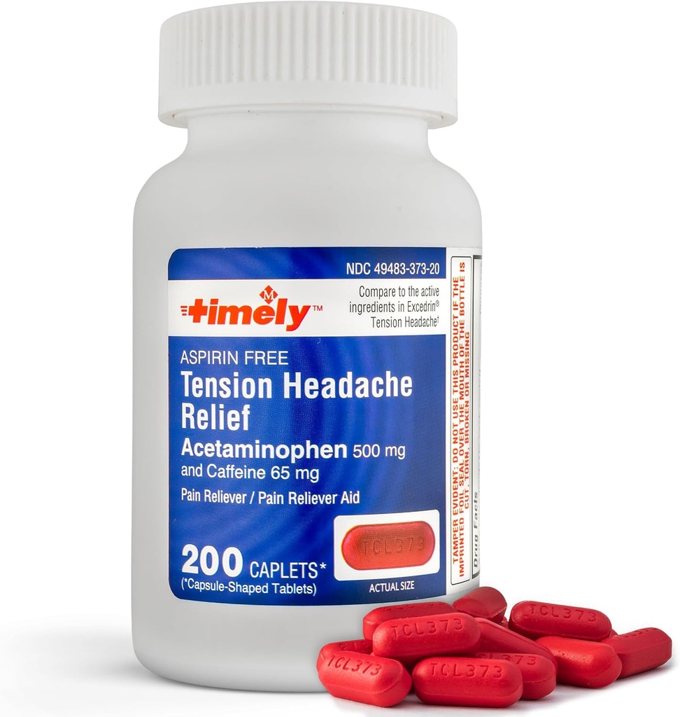 Timevis - 200 kapsler - Spændende hovedpine og smerte Reliever med Acetaminophen 500 mg og Koffein 65 mg ekstra styrke til hoved, hals, skulder og krop smerte Reliever, Aspirin Free - Made in USA