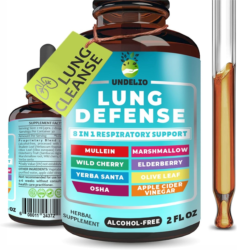 8 i 1 Lung Defense Herbal Extract, Blend (Mullein-Marshmallow-OSHA- Wild Cherry- Elderberry- Yerba Santa-Olive Leaf- ACV) Lung Cleanse, Respiratory & Immunsystem Support. Flydende supplement 2 OZ