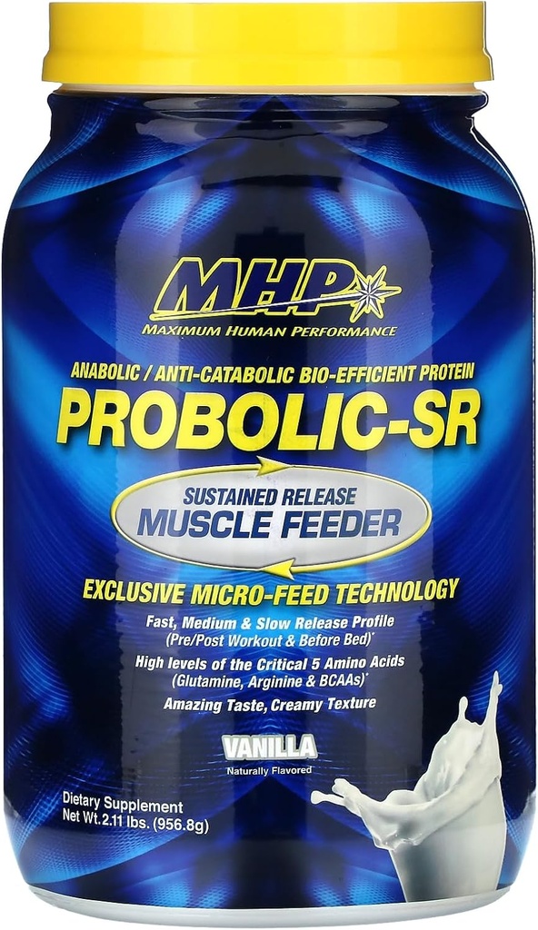 Maksimum Human Performance Probolic- SR Vedvarende frigivelse Protein Powder, 24g Protein, BCAA, Glutamin, Arginin, Pre- Workout, Post- Workout, Nighttime Protein, 2lbs, 26 Servere, Vanilla