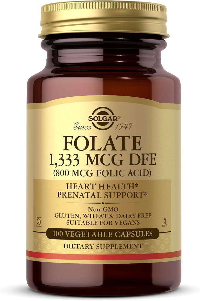 Solgar Folate 1,333 mcg kostplan Folate Ækvivalent (800 mcg folinsyre), 100 Vegetabilske kapsler - Heart Health, sund nervesystem, Prenatal Support - Non- GMO, Vegan, Gluten Free - 100 Servere