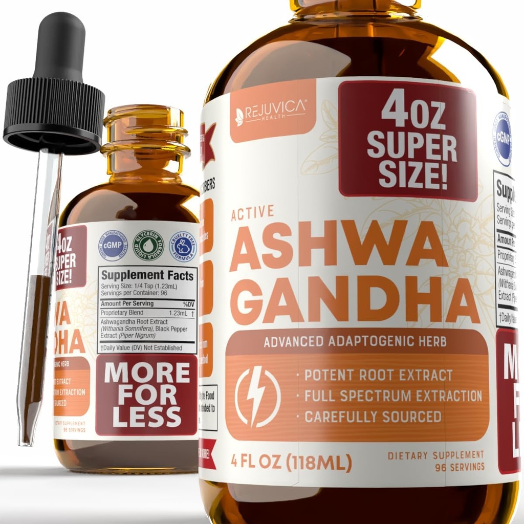 Rejuvica Health Active Ashwagandha 4oz XL Super Size - Advanced Liquid Supplement Tincture - Withania Somnifera Extract Drops - Ashwagandha Roots Only - naturligt occurring Withanolides