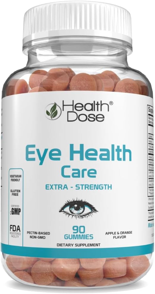 Health Dose Eye Health Care Vitaminer med Lutein Zeaxanthin Support Eye Strain, Tør øjne & Visual Performance Apple & Orange Flavor 90 Gummies.