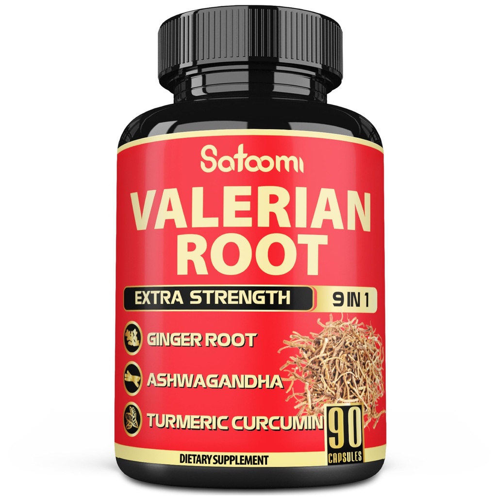 Satomi Valerian Root Kapsler - 9 naturlige urter - Ashwagandha, gurkemeje, Ginger, Ceylon Cinnamon - 90 Caps til 3th Month Supply