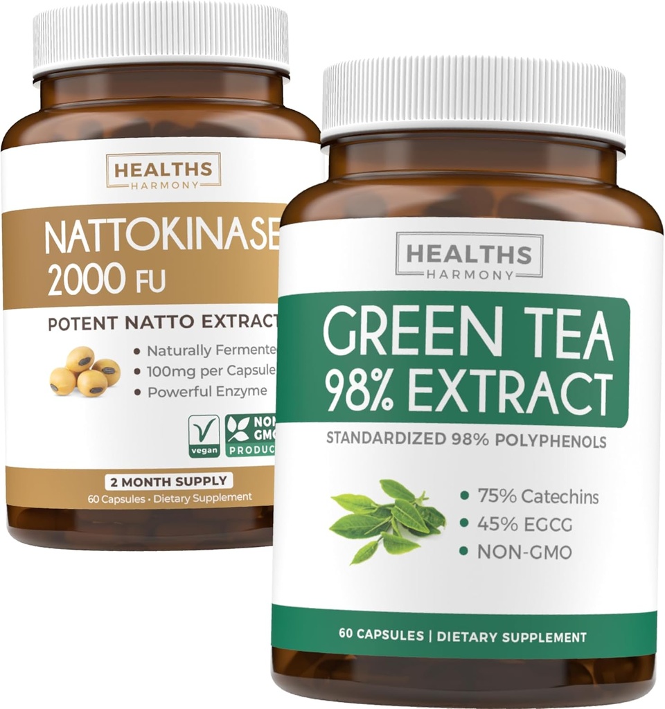 Natokinase & grøn te (1-måned Tilgang) Energi Boost Bundle - Natokinase 2000 FU Kraftig naturligt gæret Soybeans (60 Caps) & Green Tea Extract 98% med EGCG (non-GMO) Natural Metabolisme Boost