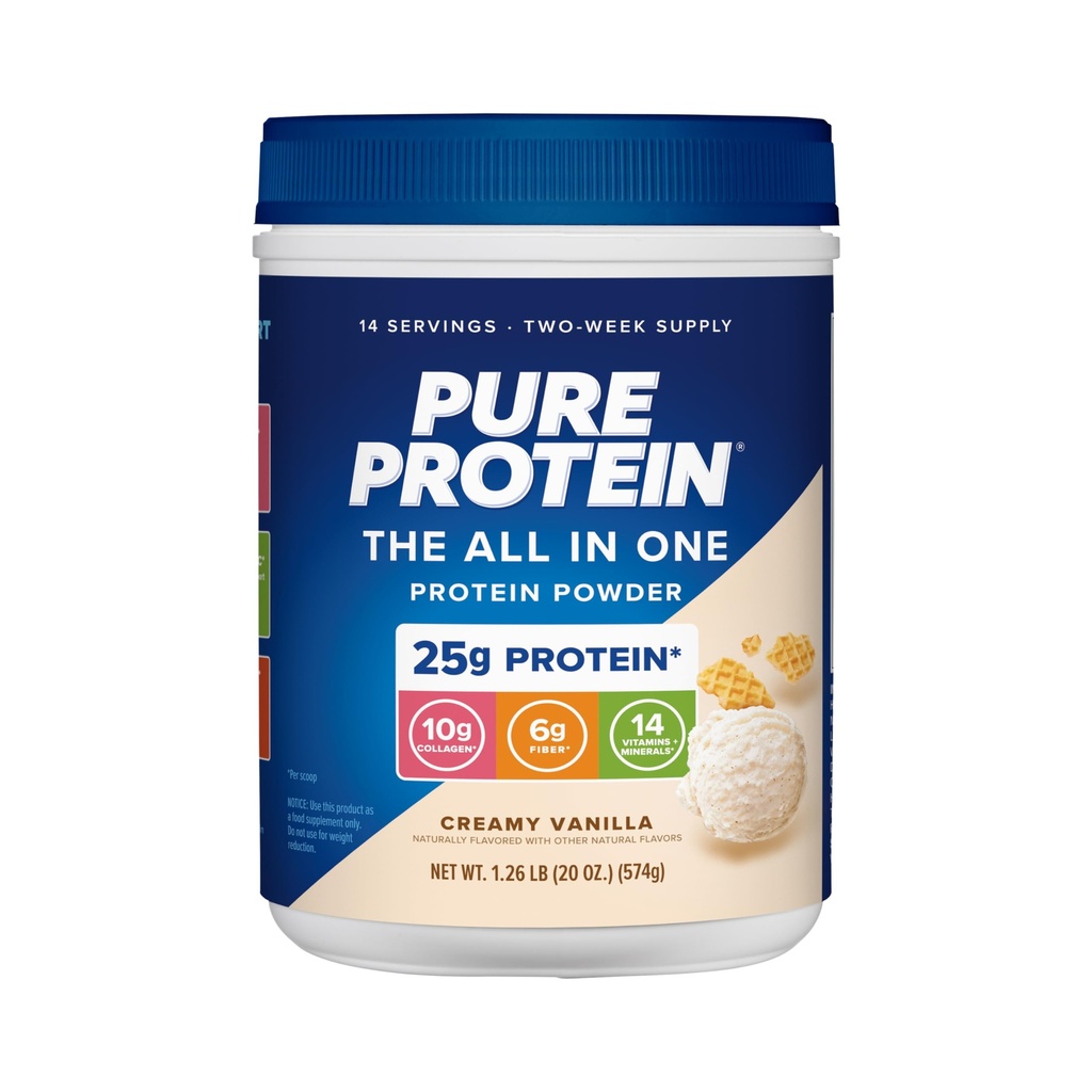 Pure Protein All- In- One Powder, Vanilla - Whey & Collagen, High Fiber, Vitaminer, Ingen tilsat sukker, Non- GMO, Gluten- Free, 1,25lb
