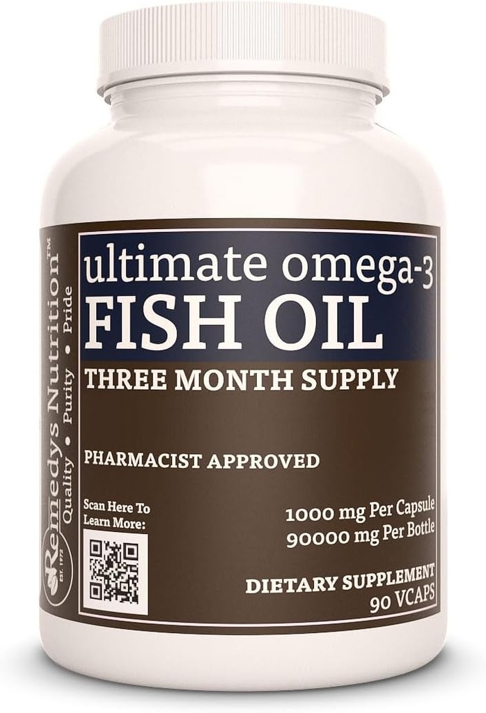Remedy 's nutrition Ultimate Omega-3 Fish Oil against 124; 1000 mg, 90 Softgels Kosttilskud 124; 3 Måned Supply 124; EPA, DHA, GLA, ALA, & LA Fedtsyrer