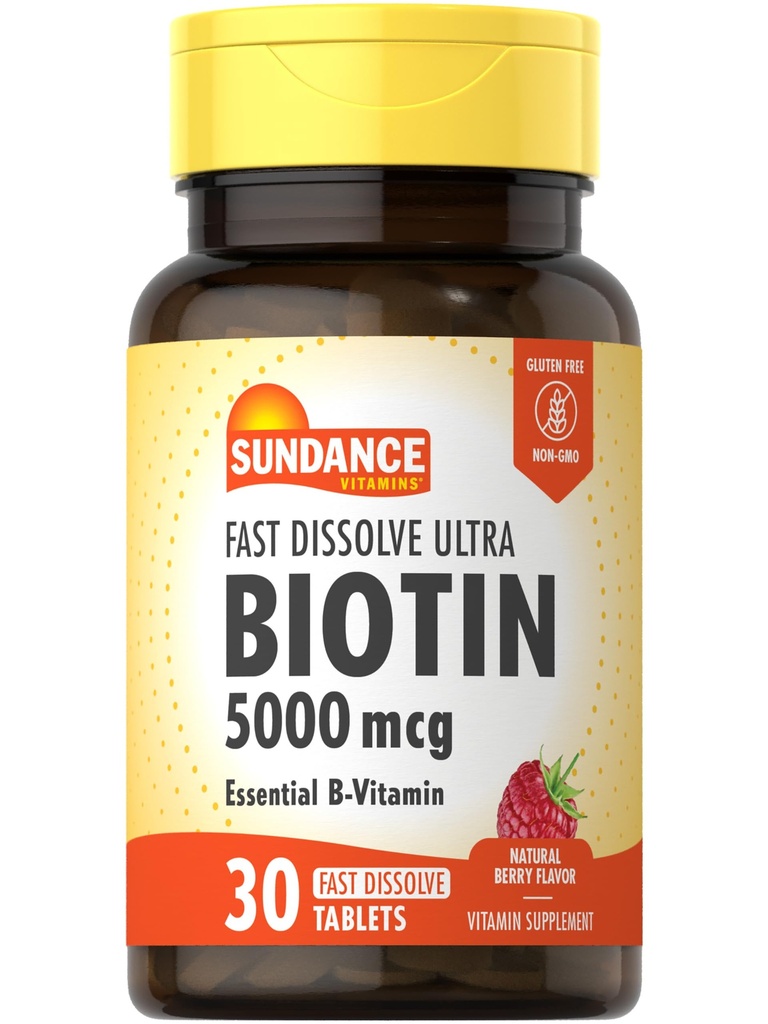 Sundance Hurtig opløsning Biotin 5000mcg • 124; 30 tabletter • 124; Essential B- Vitamin • 124; Natural Berry Flavor • 124; Vegetar, Non- GMO og Gluten Free Supplement