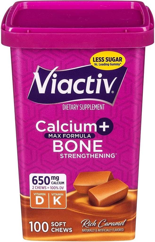 Viactiv Max Formel Calcium + D3- vitamin supplement til ben sundhed, Rich Caramel, 100 bløde tykkere