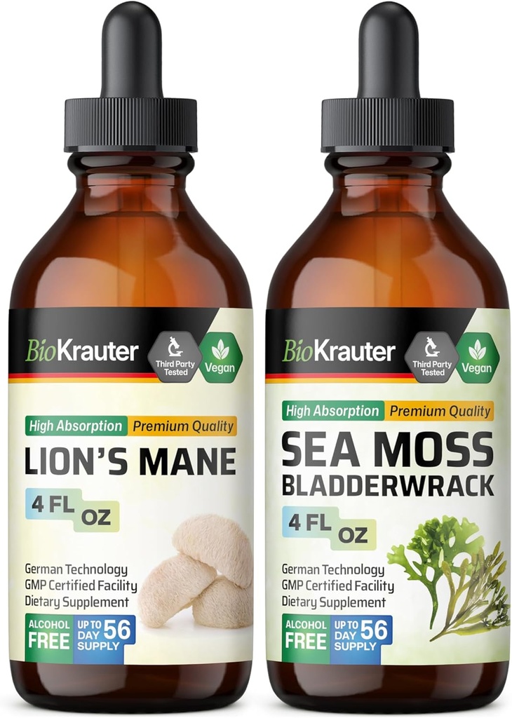 BIO KRAUTER Lions Mane tinktur 4 Fl. Oz. & Sea Moss tinktur 4 Fl. Oz.