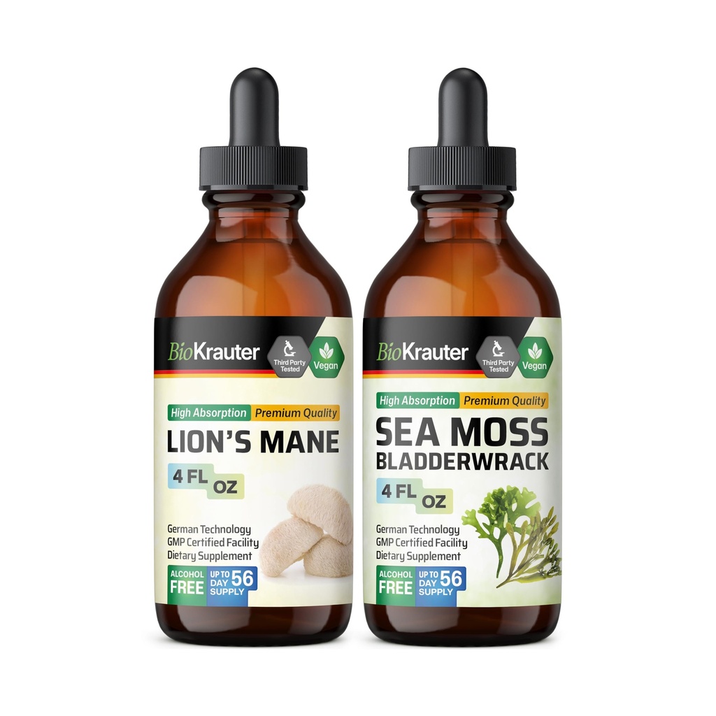 BIO KRAUTER Lions Mane tinktur 4 Fl. Oz. & Sea Moss tinktur 4 Fl. Oz.