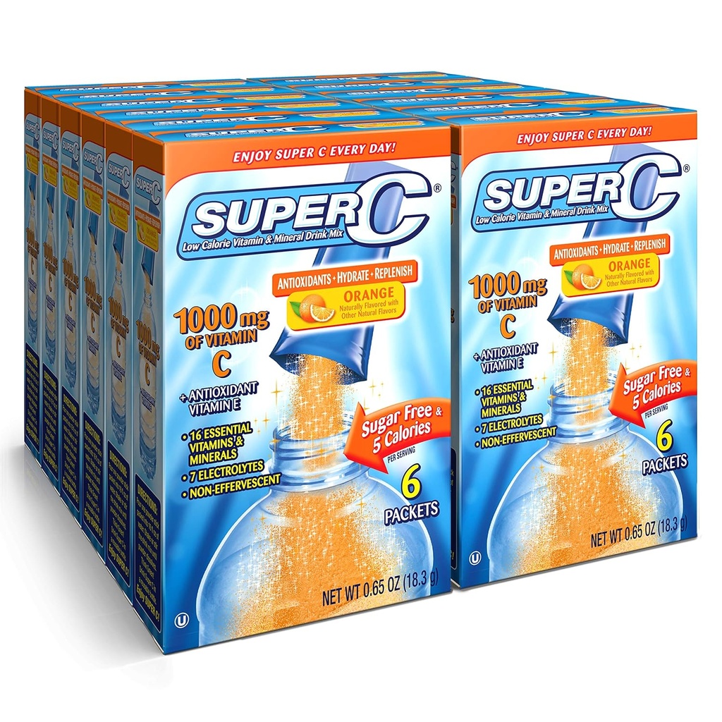 Super C Vitamin & Mineral drik mix, Orange, 6 CT Singler at gå, pakke af 12 (72 samlede pakker)