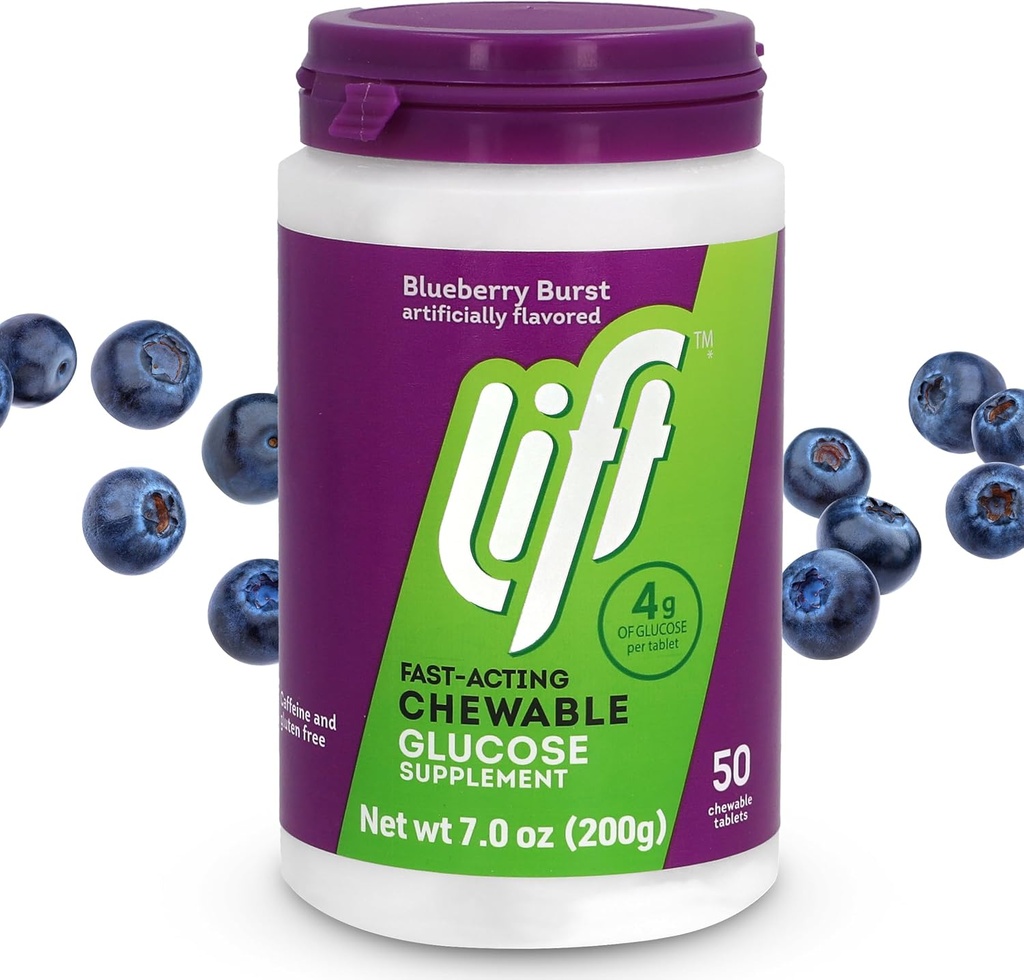 Lift Glucose Fast- Actioning Glucose Chewable Energy Tablets, Blåbær, 50 ct Jar (pakke med 1)