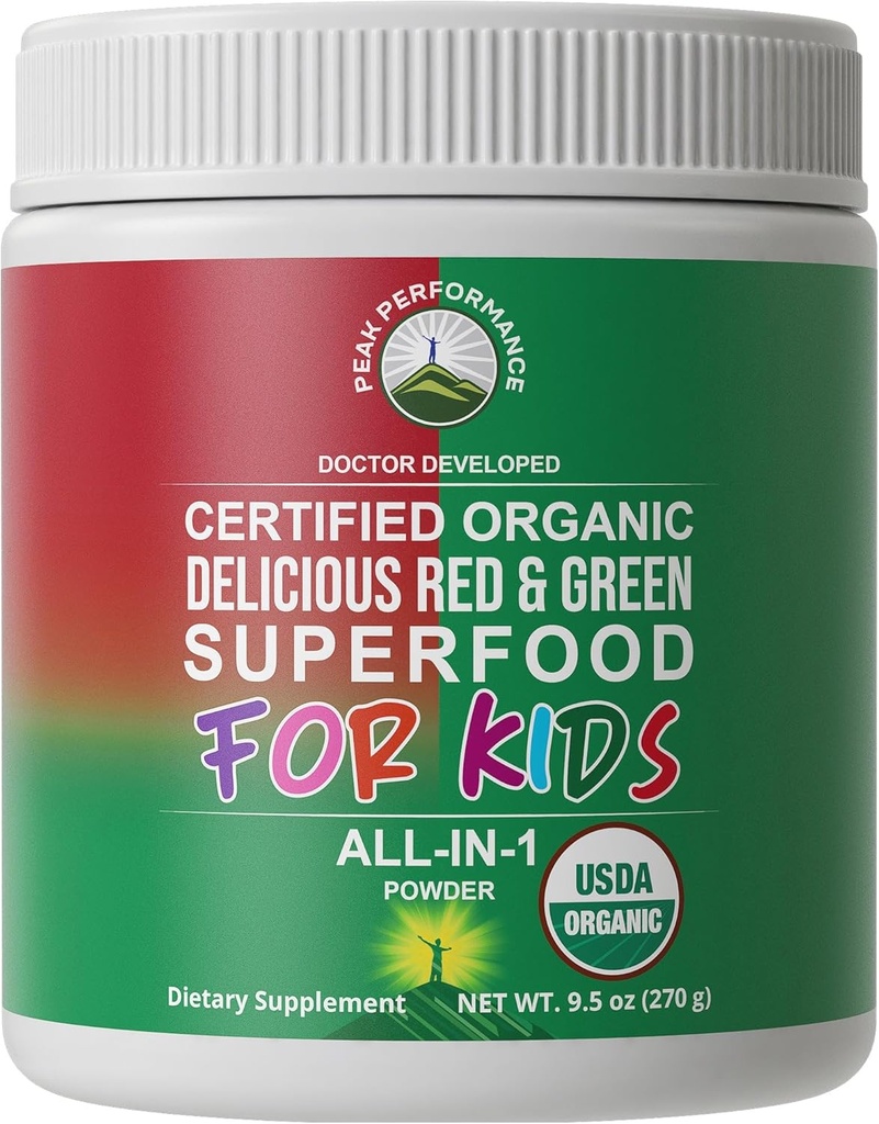 Børn grønne og røde Superfood Powder. Bedste Tasting Økologisk Vegansk Super Food Juice med 25 + Rigtige frugter og grøntsager. Gluten Free Real Food Vitaminer. Grøn og rød superfood supplement til børn