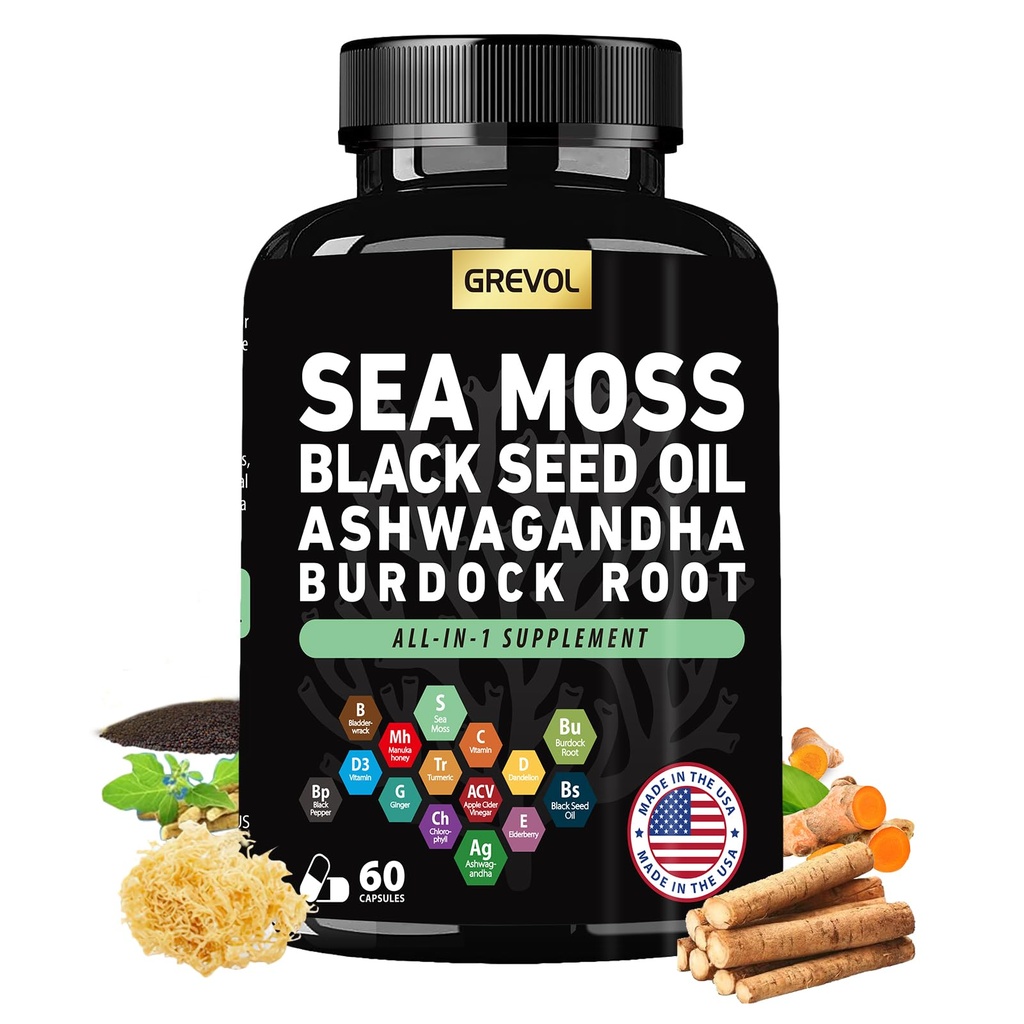 Sea Moss Black Seed Oil Ashwagandha Bladderwrack Burdock Rodgurkemeje & vitamin C D3 Elderberry ACV Black Pepper - Multimineral Supplement - 60 Tæl