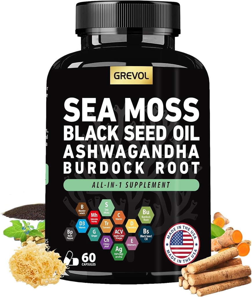 Sea Moss Black Seed Oil Ashwagandha Bladderwrack Burdock Rodgurkemeje & vitamin C D3 Elderberry ACV Black Pepper - Multimineral Supplement - 60 Tæl