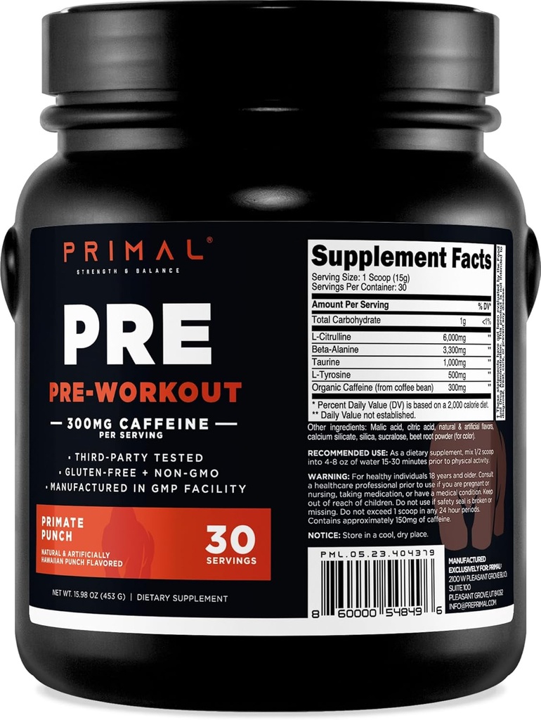 Primal Pre-workout Primate Punch (30 Servere) (Tropisk smag) - Gluten Free & Non- GMO