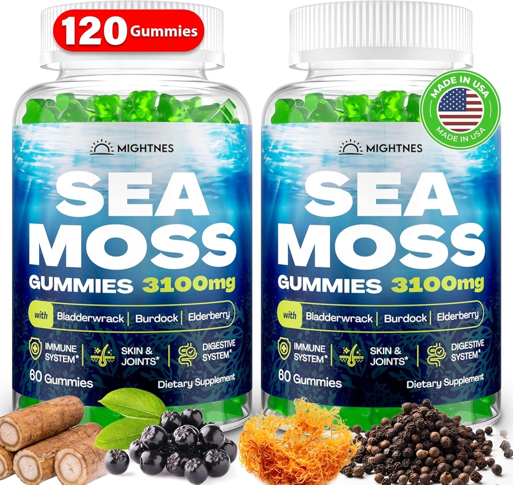 Sea Moss Gummies, 3100 mg Irish True Sea Moss Seamoss Gummies for Kvinder & Mænd med Bladderwrack, Burdock Root, Elderberry C-vitamin og zink til Detox Cleanse, Immun, Hud, fordøjelsesbesvær, Organisk, 120Ct