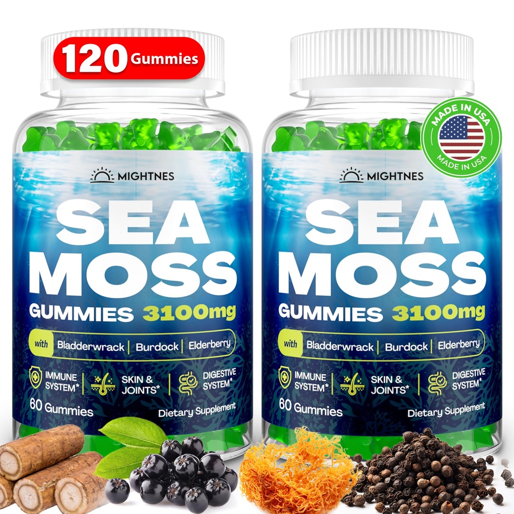 Sea Moss Gummies, 3100 mg Irish True Sea Moss Seamoss Gummies for Kvinder & Mænd med Bladderwrack, Burdock Root, Elderberry C-vitamin og zink til Detox Cleanse, Immun, Hud, fordøjelsesbesvær, Organisk, 120Ct
