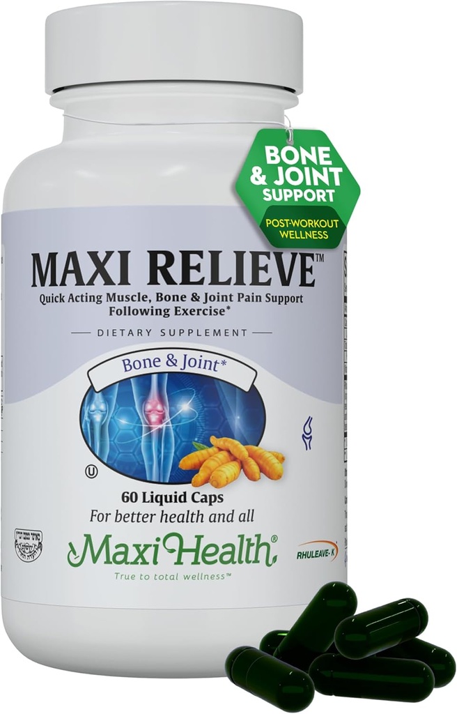 Maxi Health Relieve Fælles Support Supplement med gurkemeje og Boswellia Serrata, Quick- Active Support Efter øvelse, Vegetarisk Non- GMO Bone & fælles Health Supplement for mænd og kvinder, 60 Kapsler