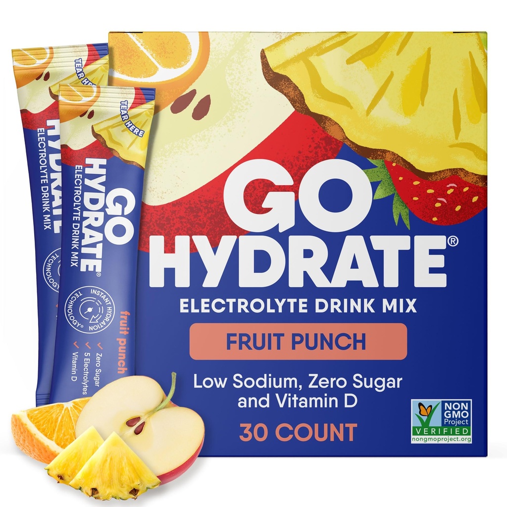 GoHydrate Instant Hydration Powder Pakninger - Lavt natriumelektrolytter drikke mix - Natural Hydration Support, Sugar Free Electrolyte Flavored Powder Drikke med D-vitamin, 30 Pakker, Frugt Punch