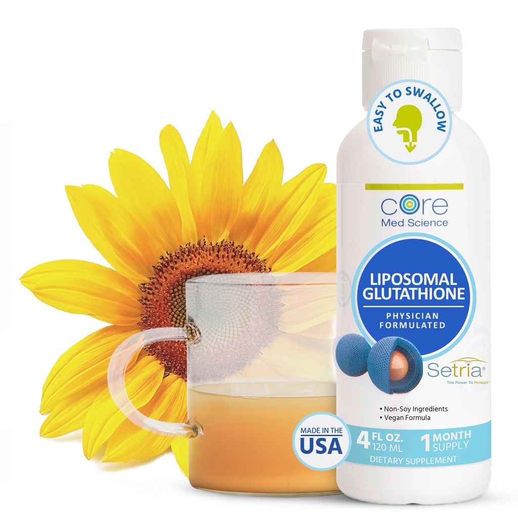 Core Med Science Liposomal Glutathion Liquid Supplement (500mg, 4 Fl Oz) - Pure Reduceret Setria med phospholipid Complex - Antioxidant Supplement for energi, hjerne sundhed, hud og lever sundhed