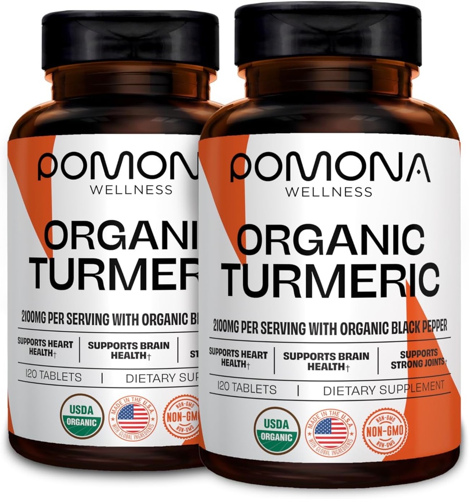 Pomona Wellness Organic Gurkemeje Supplement 2100 mg, USDA Organic, Non- GMO, Vegan, Gurkemeje med sort peber til Absorption, til fælles støtte og immunitet, 240 tabletter (2 Pack)