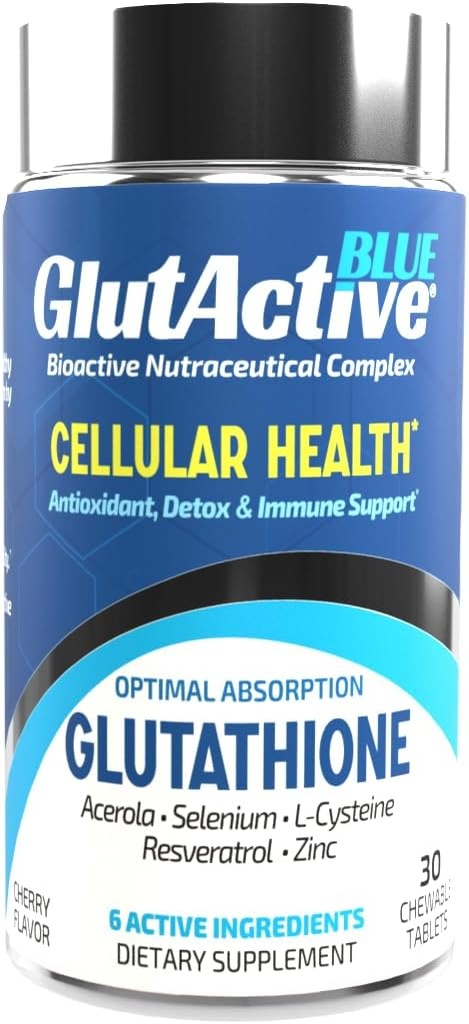 Blå 800mg 1 124; Glutathione 1 124; Antioxidant, Forøg Immunitet & energi - Detox & AntiAging, Cysteine, Selen, Zink, Resveratrol, Acerola (VIT- C). Chewable. 30 kt