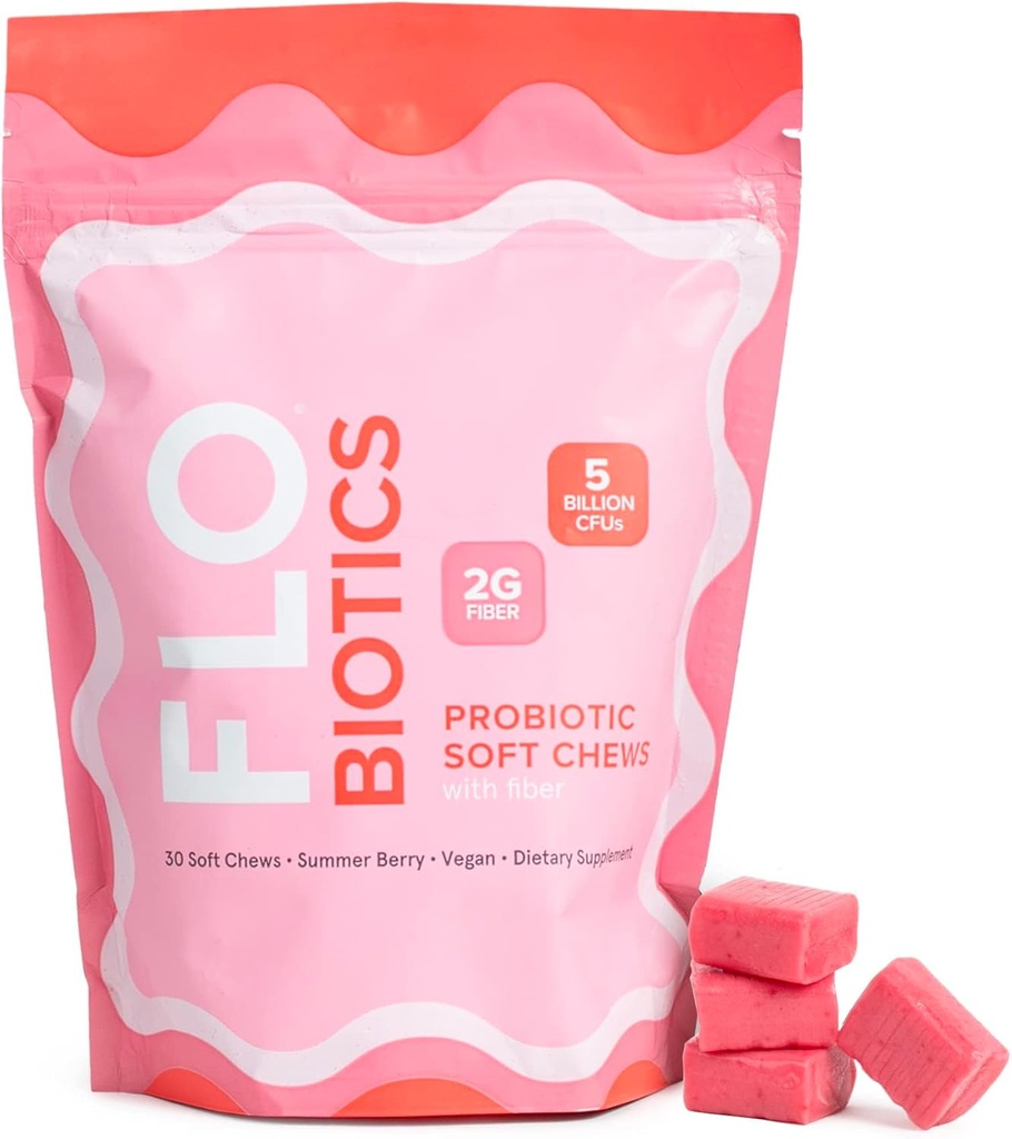 FLO- Biotics Probiotic Soft Chews for fordøjelsessygdomme, Sund Gut Flora & Lejlighedsvis Forstoppelse Relief - Vegansk Gummies Gummies Gut Supplement Berry Flavor - 30 Greve (pakke med 1)