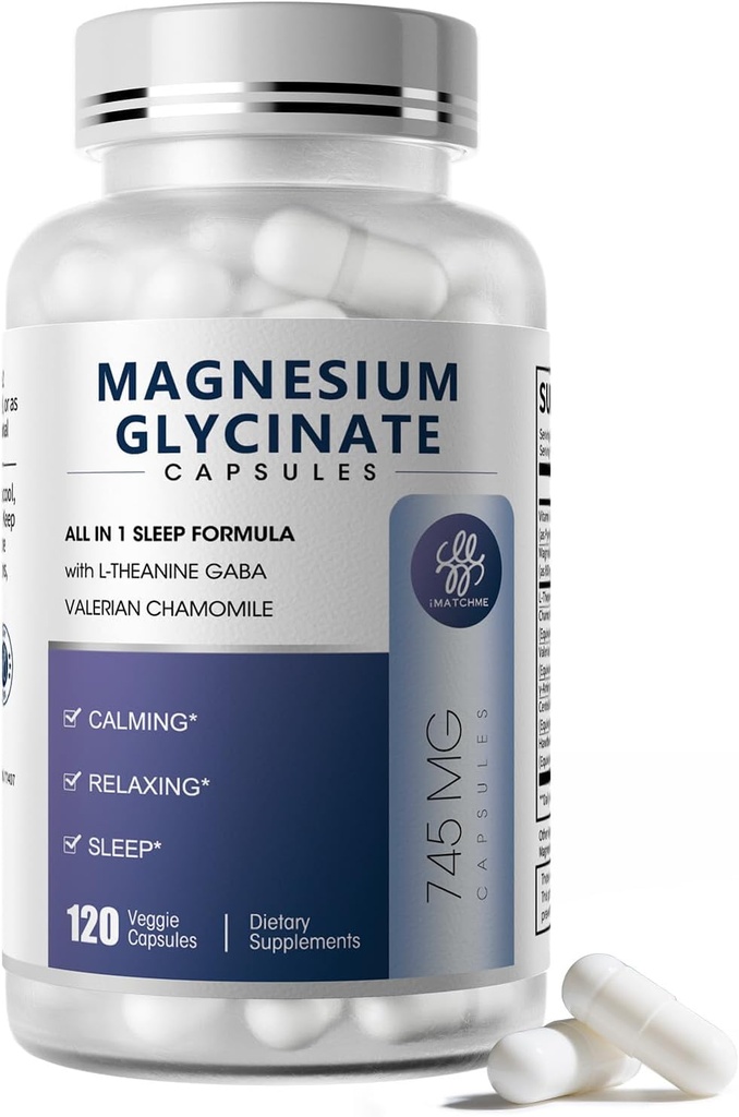 Magnesium Glycinat 850mg kapsler med L- Theanin, Kamille & GABA til søvn, Calmness, Muskel, Knogler Sundhed & Immunstøtte, Magnesium til kvinder og mænd, Vegan, High- Absorption, 120 Tæl