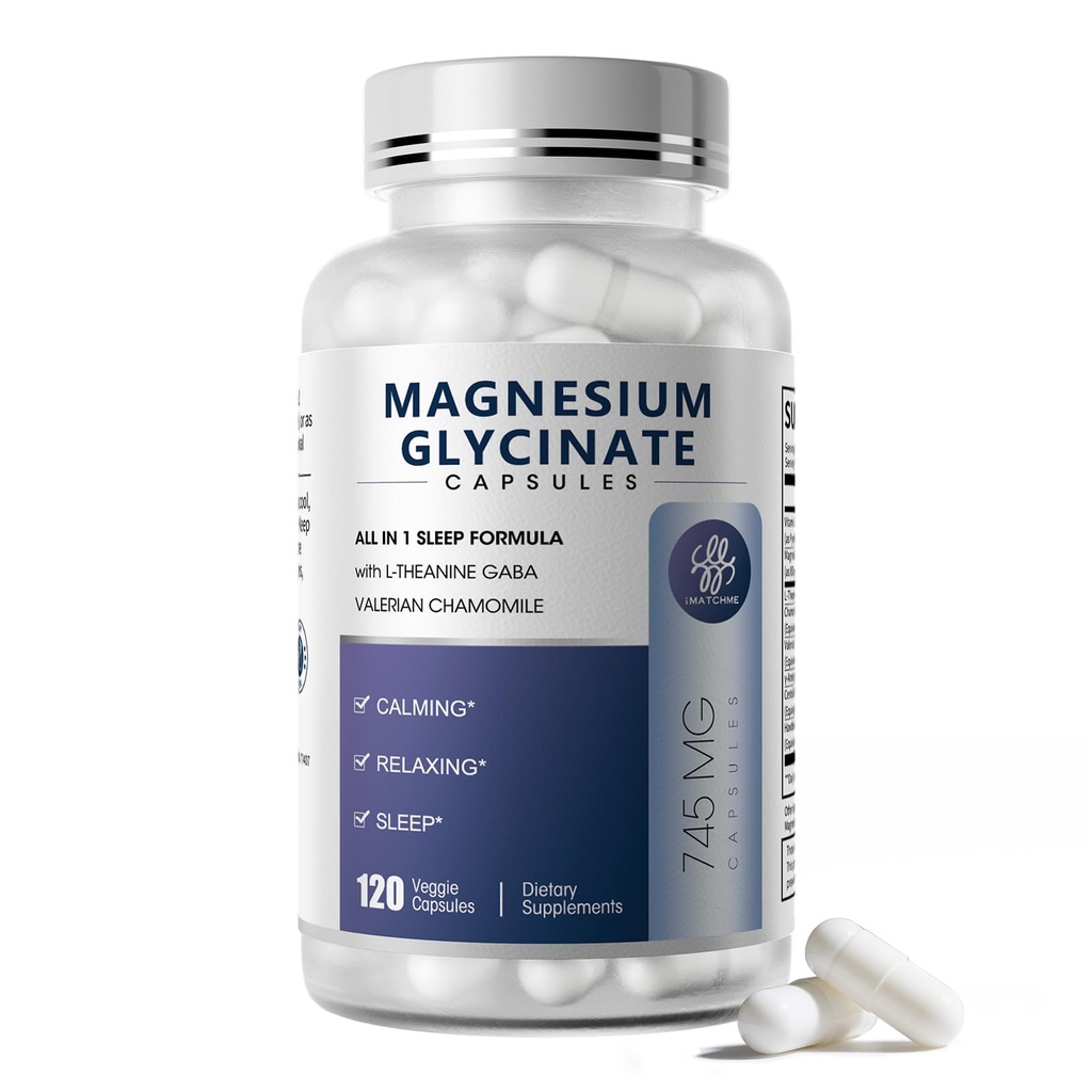 Magnesium Glycinat 850mg kapsler med L- Theanin, Kamille & GABA til søvn, Calmness, Muskel, Knogler Sundhed & Immunstøtte, Magnesium til kvinder og mænd, Vegan, High- Absorption, 120 Tæl